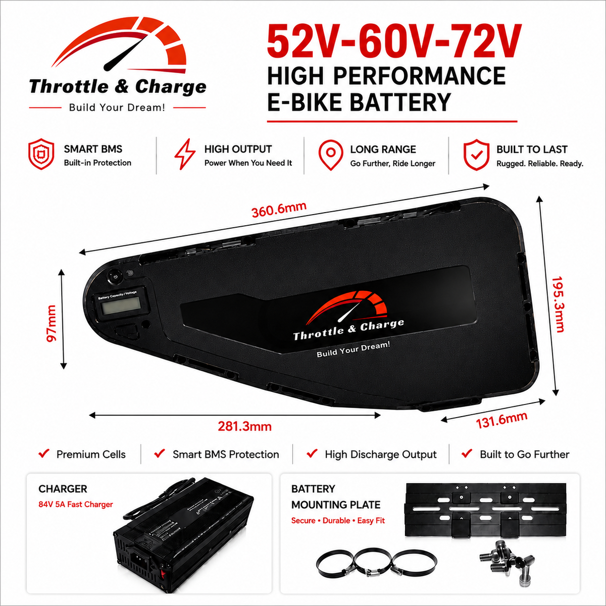 High-Performance Triangle Lithium E-Bike Battery – 52V / 60V / 72V